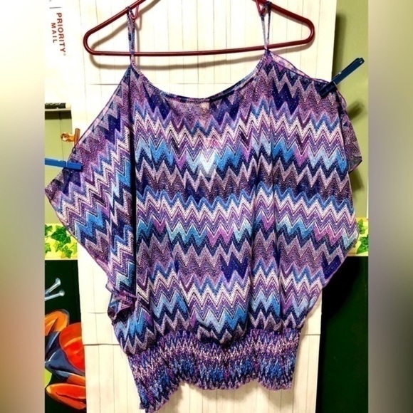 🍉 Myth NYC Purple Blue Chevron Open Shoulder Gathered Waist Shirt - Picture 7 of 11